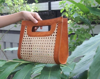 Handcrafted Leather Handbag with Rattan Cane Handmade Gift for Her Summer Style Bag