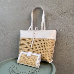 Bundle Handmade WomenTote Bag with Rattan Leather Wallet