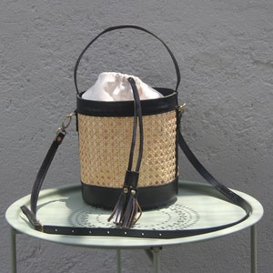 Bucket Bag: Rattan and Leather Women Sling Bag