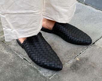 Handwoven Black Leather Loafers: Women's Pointed-Toe Mules