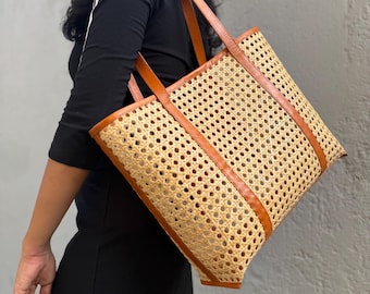 Handmade Rattan Woven Tote Bag, Leather Straps - Bali Beach Bag