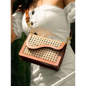 Fancy Women Crossbody Bag Handmade Leather and Woven Rattan Tan Slingbag