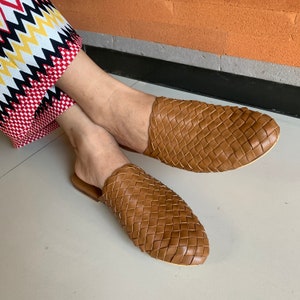 Sandalo Mules Donna in Pelle Intrecciata a Mano Mules Tan