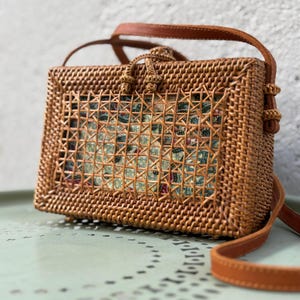 Purse Bag Handmade of Rattan and Leather, Summer Sling Bag