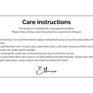 May include: Care instructions for a leather product. The instructions recommend using waterproof spray, avoiding getting the product wet, and cleaning it with a brush and cloth.
