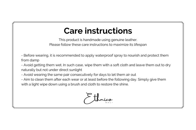 May include: Care instructions for a leather product. The instructions recommend using waterproof spray, avoiding getting the product wet, and cleaning it with a brush and cloth.