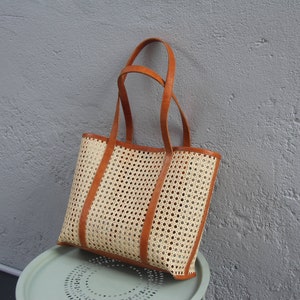 Große Einkaufstasche Rattan gewebt Leder Einkaufstasche Sommer Urlaub Strandtasche Geschenk für Sie