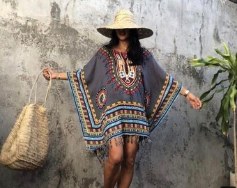Vestido Dashiki para vacaciones de verano, vestido estilo boho, caftán holgado para la playa.
