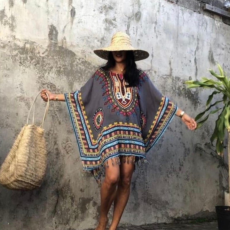 119 - Plus Size Dashiki Printed Babydoll Cover-Up Vacation Dress main image 1