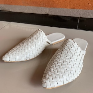 Handwoven White Vegan Leather Mules Womens with Non Slip Sole