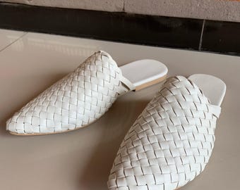 Handwoven White Vegan Leather Mules Womens with Non Slip Sole