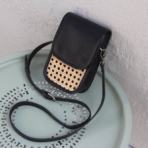 Phone Bag Rattan and Leather Slingbag Handmade Cell Pouch Gift for Her
