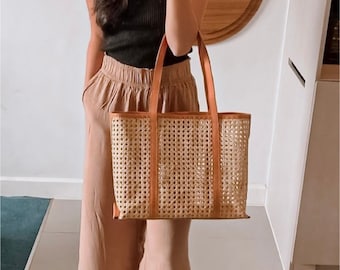 Bali Rattan Cane Leather Tote Bag, Gift for Her