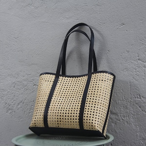 Large Capacity Tote Bag, Handmade Rattan and Leather Beach Bag, Summer Holiday Bag