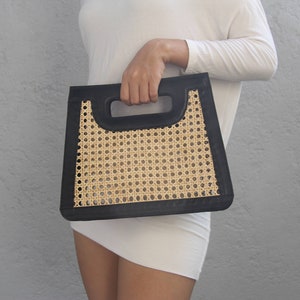 Rattan and Black Leather Handbag: Medium Casual Women Bag