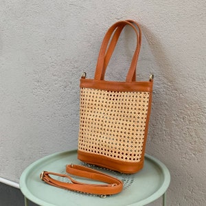 Tan Leather Rattan Tote Bag: Women Work Bag