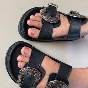 Leather Slip On Slide: Silver Buckle Women Sandal