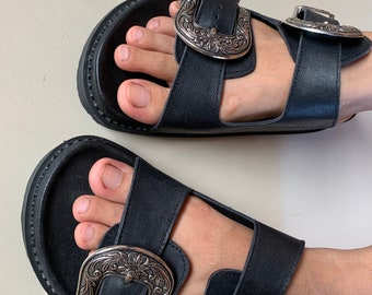 Leather Slip On Slide: Silver Buckle Women Sandal