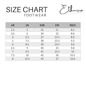 May include: Size chart for footwear in UK, US, EUR, CM, and inches. The chart shows sizes from 2.5 UK to 8 UK, with corresponding sizes in US, EUR, CM, and inches.
