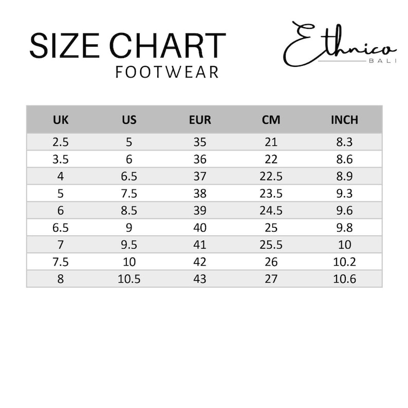 May include: Size chart for footwear in UK, US, EUR, CM, and inches. The chart shows sizes from 2.5 UK to 8 UK, with corresponding sizes in US, EUR, CM, and inches.