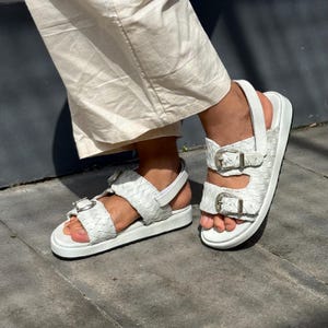 Woven White Leather Women Sandals
