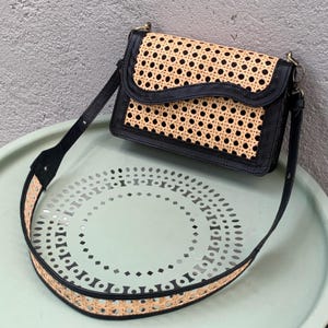 Damen Umhängetasche, Handgefertigtes Rattan und Leder Umhängetasche Schwarz