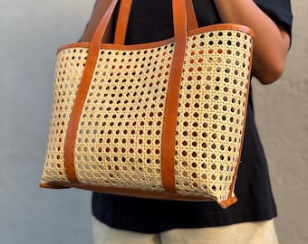 Tote Bag Rattan and Leather Handmade Beach Bag Summer Style Gift for Her