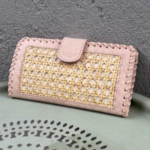 Fancy Women Wallet Leather and Rattan Handwoven Purse Gift for Her