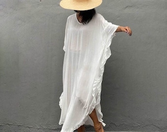 Vestido largo caftán extragrande con cuello en V y volantes
