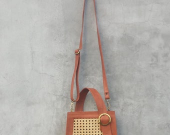 Rattan Sling Bag, Hand Bag Leather, Gifts for Her,