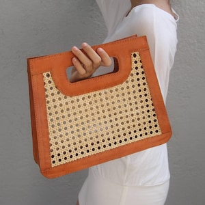 Casual Handmade Rattan and Leather Bag for Summer Vacation Outfit Unique Everyday Bag