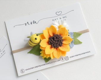 Sunflower headband, bumble bee headband, Summer hair accessories, baby/girl headband, bee birthday party, photo props, sunflower and bee