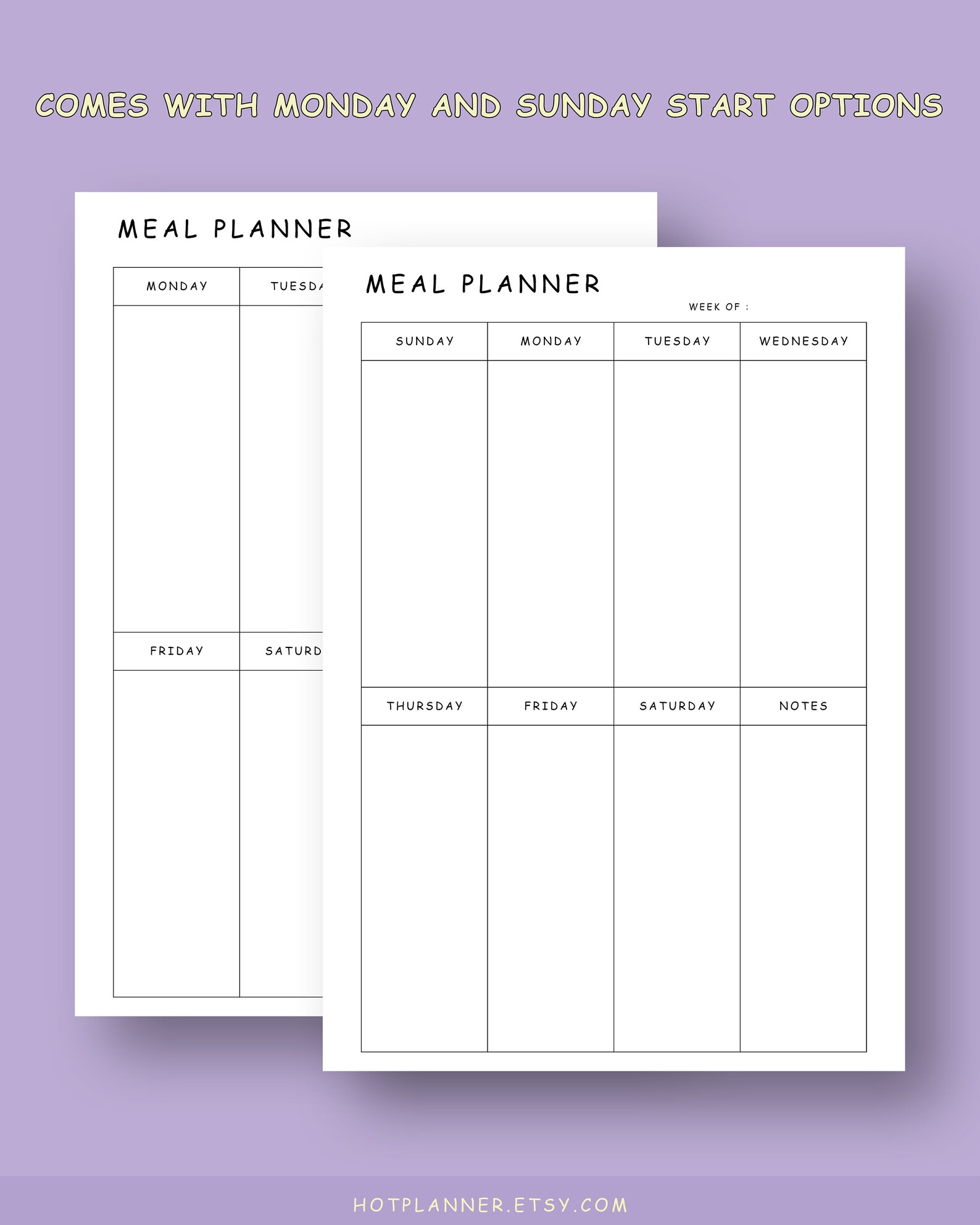 Weekly Meal Planner Printable Black and White Monday Start | Etsy