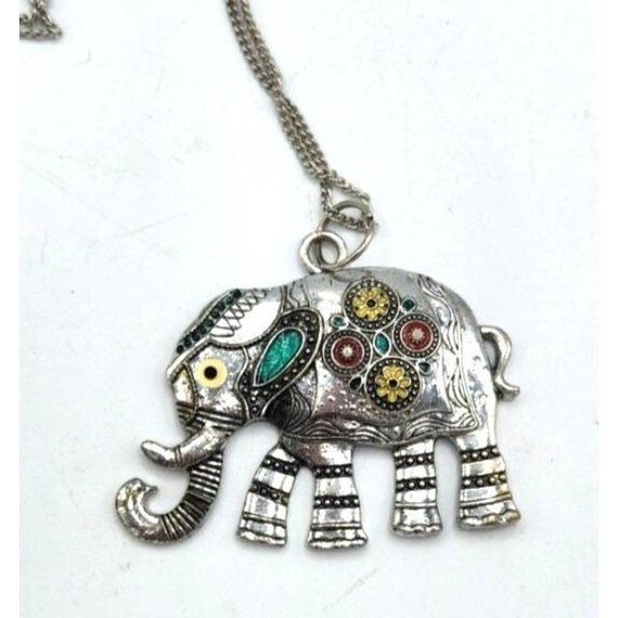 Silver Tone Elephant Pendant With Enamel & Stone Accents