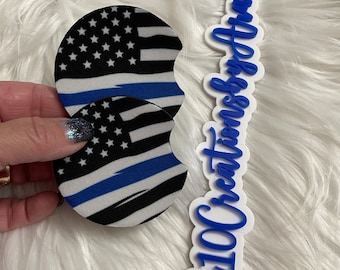 Thin Blue Line Flag Car Coaster Set | First Responder Gift | Red | Grey | Yellow