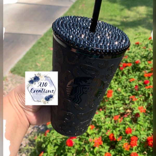 Starbucks Black Matte Tumbler | Personalized | Leopard Print | Grande | Bling Lid
