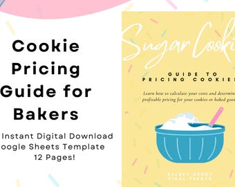 Può includere: Download digitale intitolato "Guida ai prezzi dei biscotti per panettieri". La guida include un modello di Fogli Google ed è lunga 12 pagine. La copertina presenta una ciotola blu con glassa e una spatola rosa.