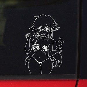 May include: A white outline sticker of a cartoon character with long hair, wearing a bikini top with Japanese characters. The character is posed with one hand raised and the other on her hip.
