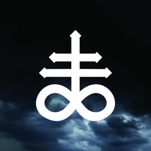 May include: A white symbol with a cross and an infinity symbol, against a dark blue cloudy background.