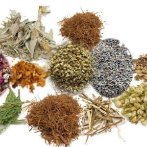 May include: A collection of dried herbs and flowers, such as rose petals, chamomile, and lavender, displayed in a circular arrangement. The image presents a variety of textures and colours, from deep reds to pale greens and browns, suggesting a natural product.