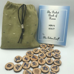 Carved Runes Assorted Wood kit includes  Meaning Booklet, Pouch, Free Viking Tibetan Silver Bead
