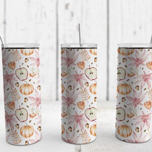 Autumn Watercolor Pumpkins and Apples Tumbler Design | 20oz Skinny Tumbler Wrap | Sublimation PNG