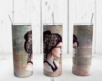 Mädchen mit Büchern im Kopf mit altem Text hintergrund - 20oz Skinny Tumbler Sublimation Design Wrap PNG