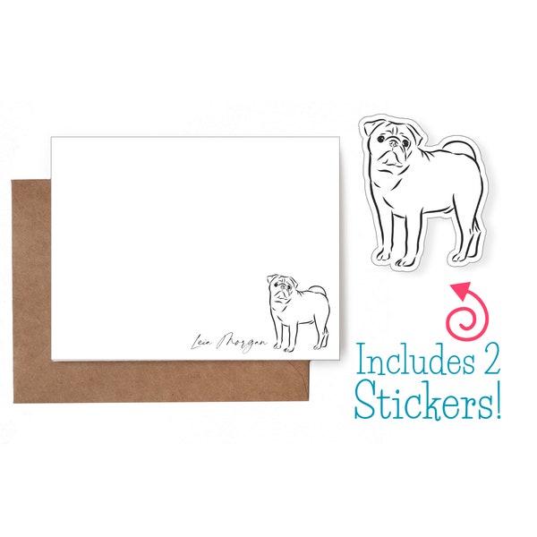 Personalized Pug Note cards, Thank You Cards, Dog Greeting Cards, Dog Lover Gift, Persoanlized Stationery, Pug Stickers, Pug Sketch Cards