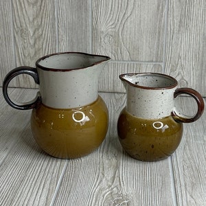 Vintage Vandor Imports Speckled Earth Tone Glazed Pitchers Pottery Jugs, Set of 2, Under Glazed, Japan, Mid Century, Country Farmhouse Cabin