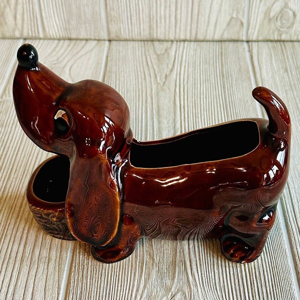 Vintage Viking Dachshund Ceramic Planter Brown Glazed Weiner Dog Basket Weave Hand Made Japan MCM Collectable Dog Planter Trinket Dish