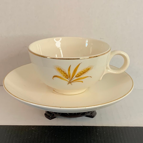 Vintage Taylor Smith Taylor TST Wheat Footed Cup and Saucer, Wheat Center, Cream Background, 1960s, Mid Century, Replacement