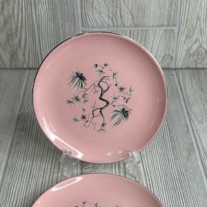 May include: Two pink and white ceramic plates with a black floral design. The plates have a gold rim.