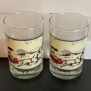 Vintage Arby's Currier and Ives "The Road in Winter" Collectable Drinking Glasses, Set of 2, 1981, Winter Snow Carriage Scene, MCM Bar Cart