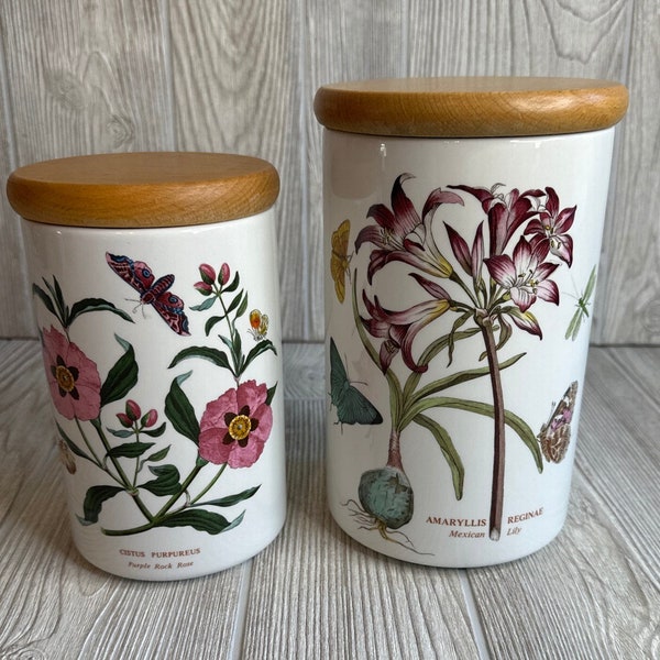 Vintage Portmeirion Botanic Garden Storage Jar/Canister Set Wooden Lid 7in. Purple Rock Rose 8in. Mexican Lily Various Plants & Insects